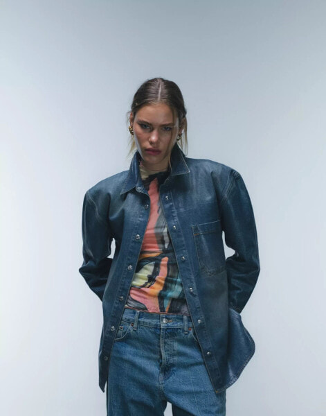 Topshop denim coated shirt in deep sea wash