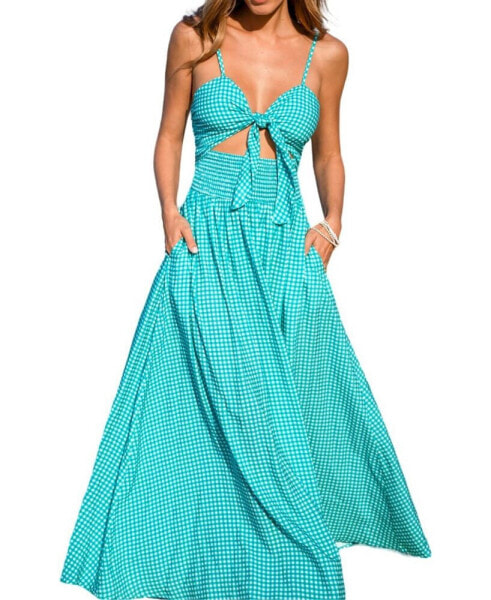 Women's Green & White Gingham Sweetheart Cutout Maxi Beach Dress