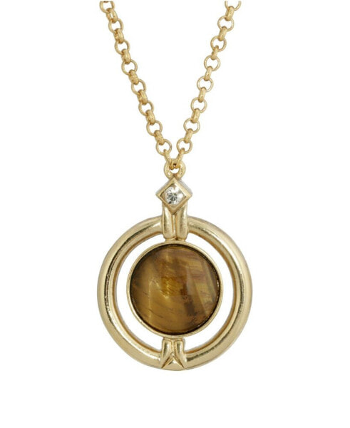 Gold-Tone Round Tiger Eye Semi Precious Stone Necklace