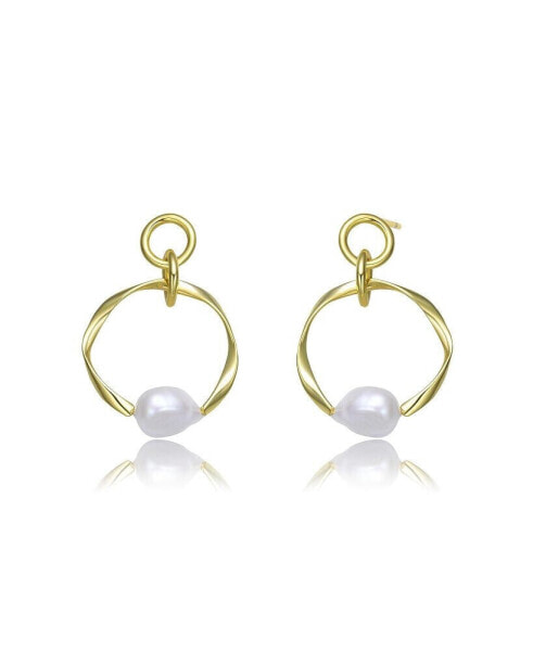 Elegant Sterling Silver 14K Gold Plating and Genuine Freshwater Pearl Round Dangling Earrings