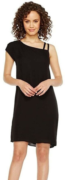 Heather 240025 Womens Bette Asymmetrical Neck Silk Shift Dress Black Size Small