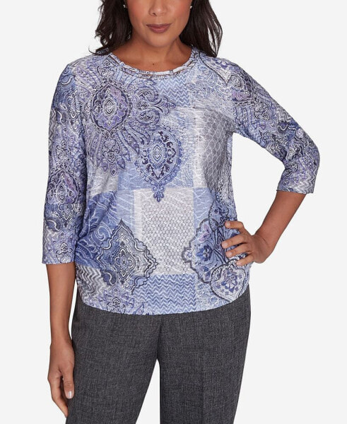 Petite Worth Avenue Medallion Patchwork Beaded Crew Neck Top