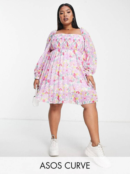 ASOS DESIGN Curve square neck pleated mini skater dress in lilac floral 