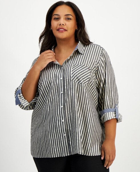 Plus Size Shimmer Shadow Striped Button-Front Shirt