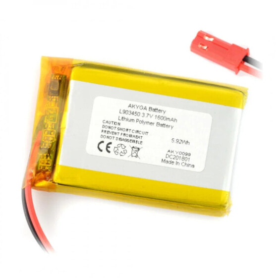 Батарея Литий-полимерная Akyga 1600 mAh 1S 3,7V - JST-BEC разъем + разъем - 50x34x9 мм