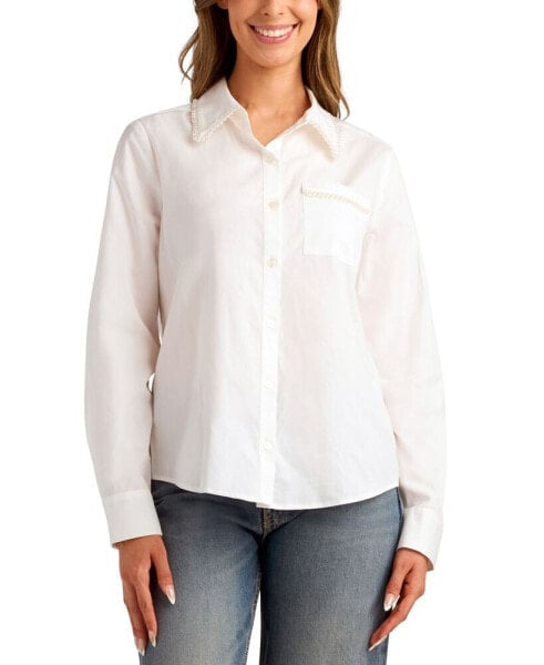 Juniors' Embellished Long-Sleeve Button-Front Top