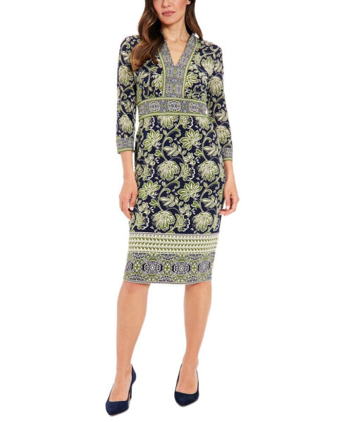 Women's Printed V-Neck 3/4-Sleeve Sheath Dress