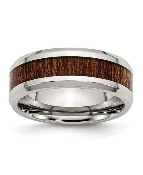 Stainless Steel Brown Koa Wood Inlay Enameled 8mm Band Ring