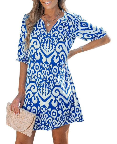 Women's Royal Blue Tassel Tie Half-Sleeve Mini Beach Dress