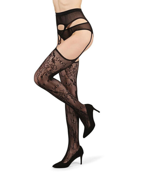 Women's All-In-One Lace Suspender Floral Fishnet Tights