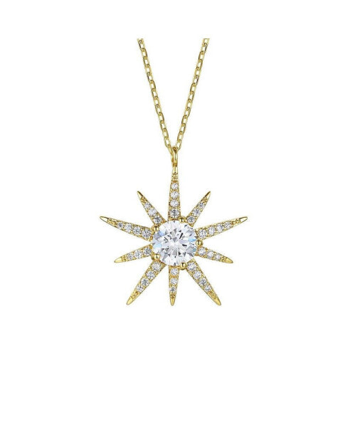 Sterling Silver 14k Gold Plated with Cubic Zirconia 10-Point Starburst Pendant Necklace