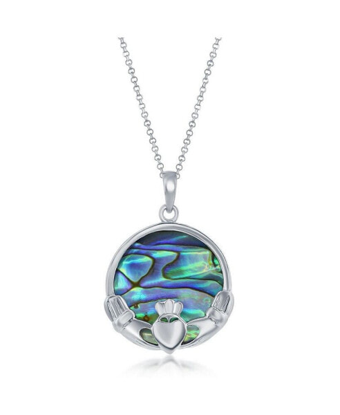 Sterling Silver Abalone Round Claddagh Pendant Necklace