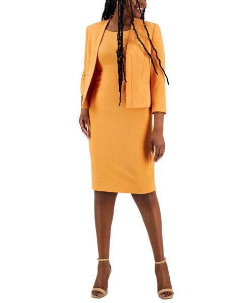 Crepe Open Front Jacket & Crewneck Sheath Dress Suit, Regular and Petite Sizes