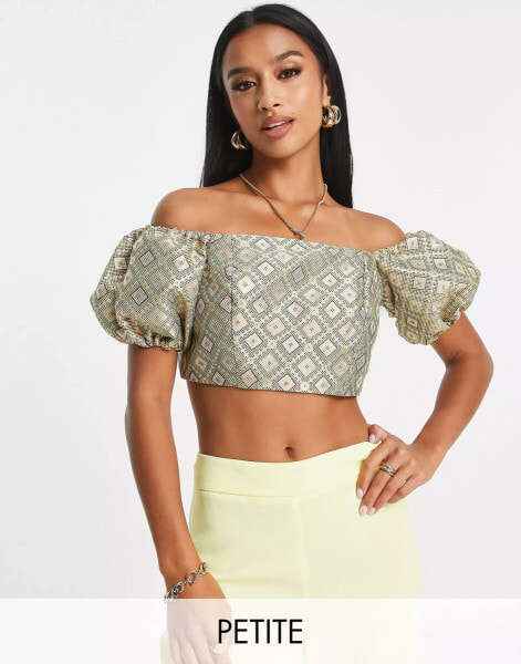 River Island Petite bandeau puff sleeve top in gold