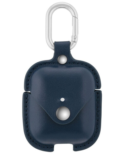 Blue Leather Apple AirPods Case with Silver-Tone Snap Closure and Carabiner Clip