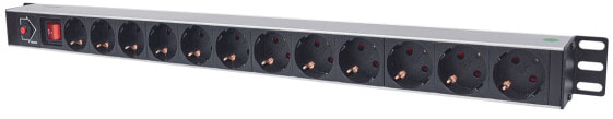 Intellinet Vertical Rackmount 12-Way Power Strip - German Type - With On/Off Switch and Overload Protection - 1.6m Power Cord (Euro 2-pin plug) - 1U - Horizontal - Aluminium - Black - 12 AC outlet(s) - Type F