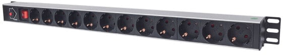 Intellinet Vertical Rackmount 12-Way Power Strip - German Type - With On/Off Switch and Overload Protection - 1.6m Power Cord (Euro 2-pin plug) - 1U - Horizontal - Aluminium - Black - 12 AC outlet(s) - Type F