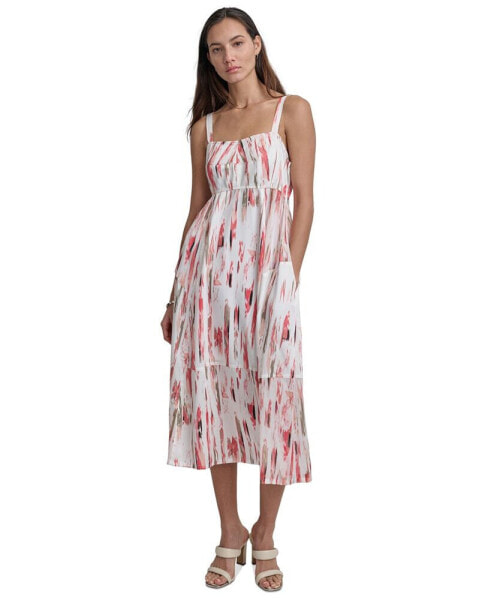 Women's Printed Mixed-Media Tiered Sleeveless Dress