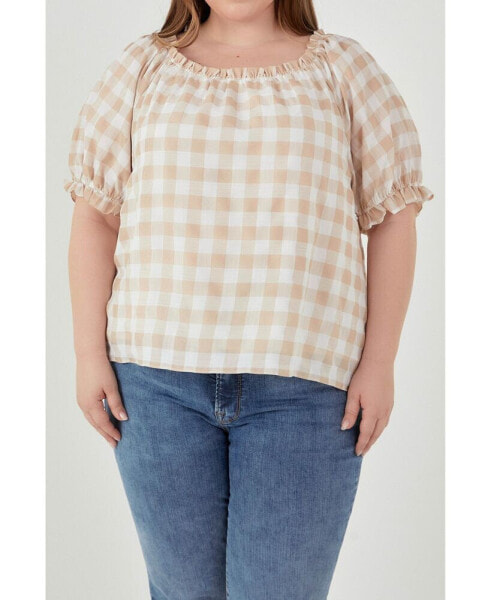 Plus Size Gingham Top with Short Puff Sleeves