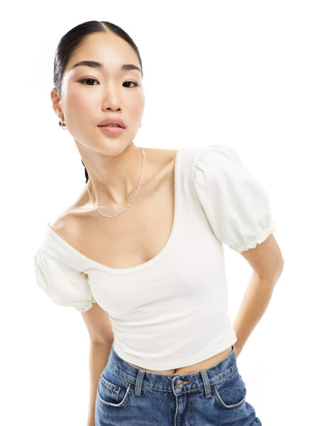 Miss Selfridge puff sleeve milkmaid top in ivory