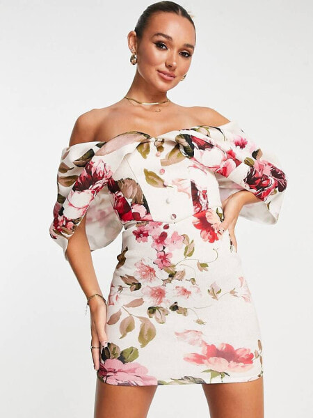ASOS DESIGN  drape sleeve corset mini dress in pink floral