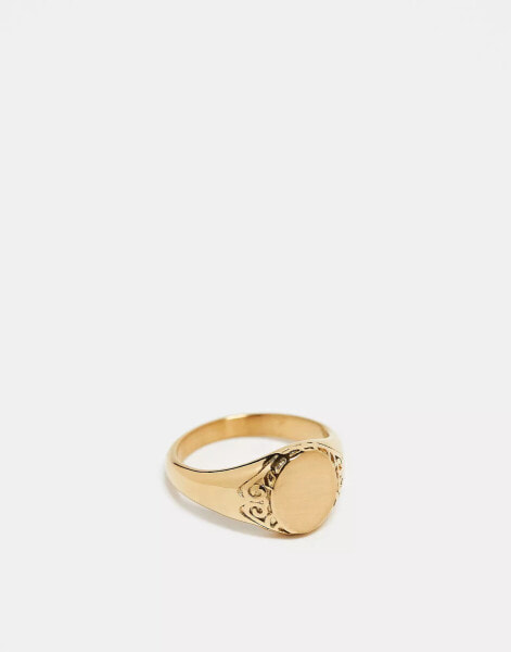 ASOS DESIGN waterproof stainless steel signet ring with outer design in gold tone