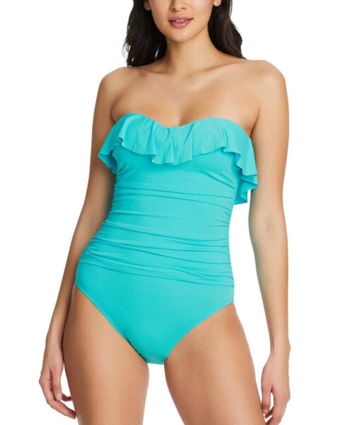 Bleu by Rod Beattie Shirred Ruffle Bandeau Mio One-Piece Swimsuit Blue Size 10