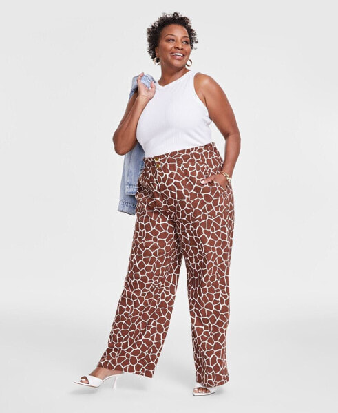 Plus Size Animal-Print Patch-Pocket Wide-Leg Pants, Created for Macy's