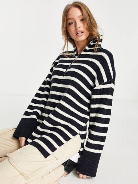 Monki oversized zip neck jumper in navy and off white stripe