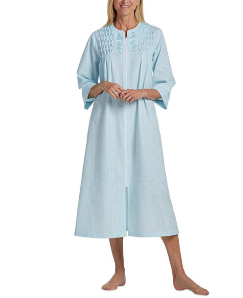 Plus Size 3/4-Sleeve Zip Seersucker Robe