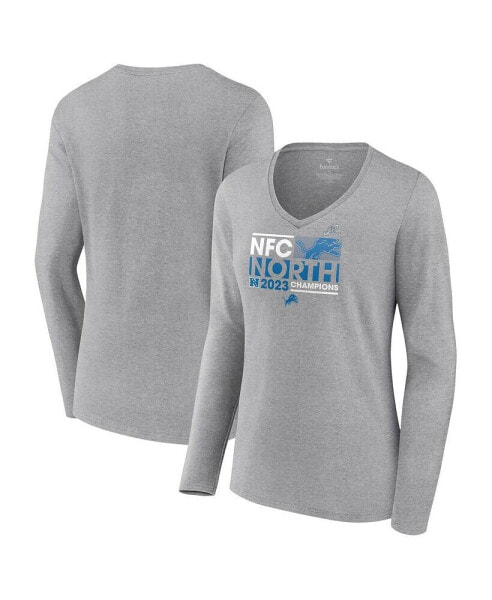 Women's Gray Detroit Lions 2023 NFC North Division Champions Conquer V-Neck Long Sleeve T-shirt