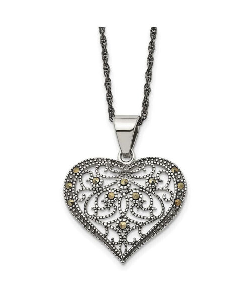 Antiqued and Marcasite Heart Pendant Singapore Chain Necklace