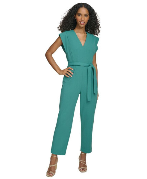 Women's V-Neck Tie-Waist Cap-Sleeve Jumpsuit