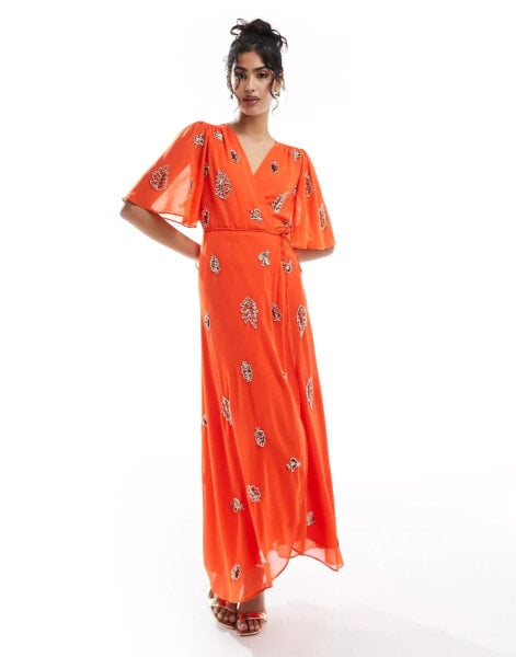 Hope & Ivy wrap embellished maxi dress in orange