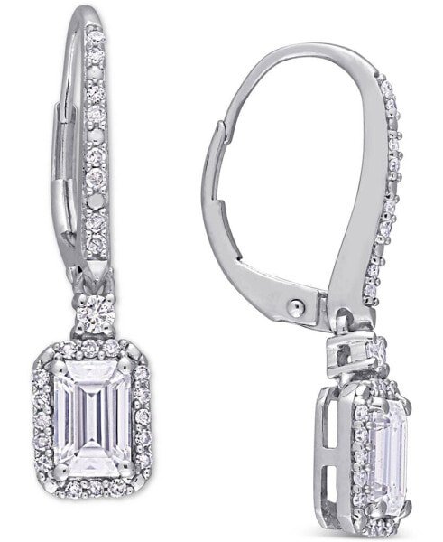 Lab-Created Moissanite (1 ct. t.w.) & Diamond (1/4 ct. t.w.) Emerald-Cut Halo Leverback Drop Earrings in 10k White Gold