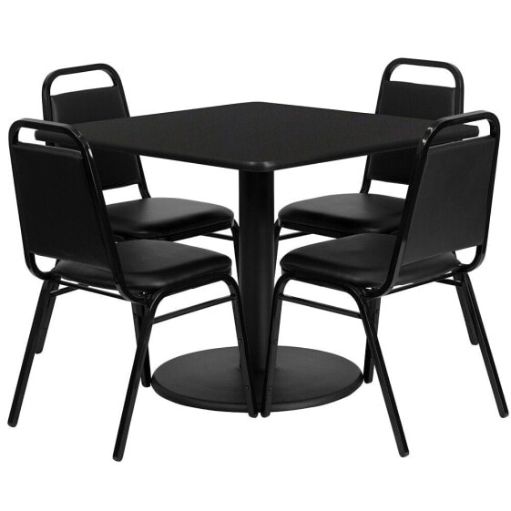 36'' Square Black Laminate Table Set With 4 Black Trapezoidal Back Banquet Chairs