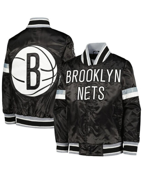 Big Boys Black Brooklyn Nets Home Game Varsity Satin Full-Snap Jacket
