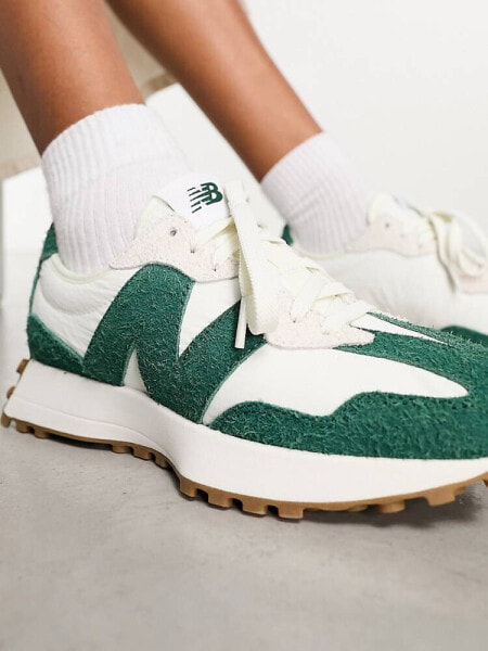 New Balance 327 trainers in white and green - exclusive to ASOS