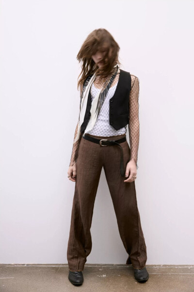 LINEN BLEND WRINKLED-EFFECT TROUSERS