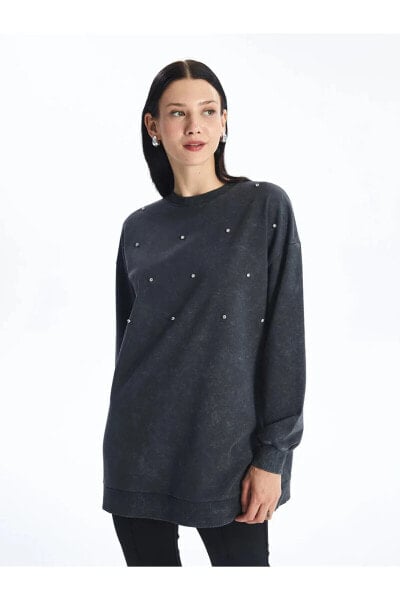 Modest Bisiklet Yaka Taş Baskılı Kadın Sweatshirt Tunik