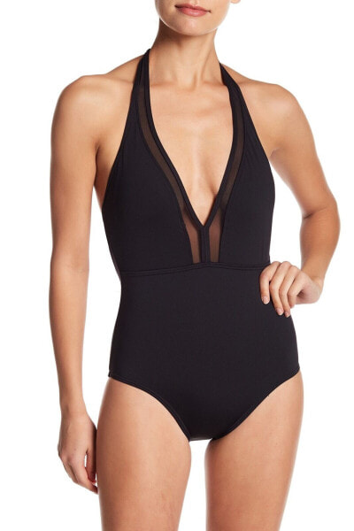 Tommy Bahama 154573 Women's Mesh Plunge Halter One-Piece Swimsuit Black Sz. 8