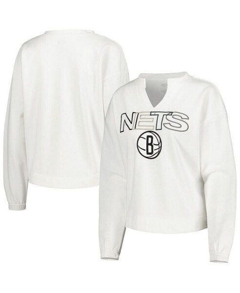 Women's White Brooklyn Nets Sunray Notch Neck Long Sleeve T-shirt