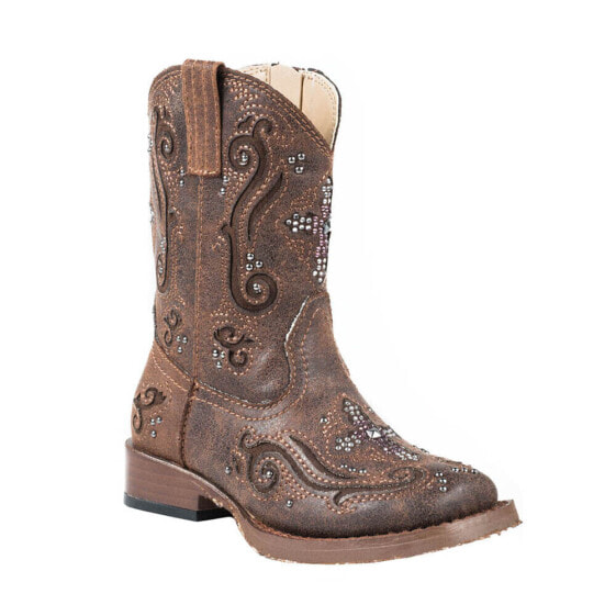 Roper Faith Rhinestone Inlay Square Toe Cowboy Toddler Girls Brown Casual Boots