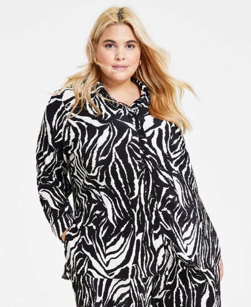 Plus Size Printed Plisse Button-Up Shirt, Created for Macy's