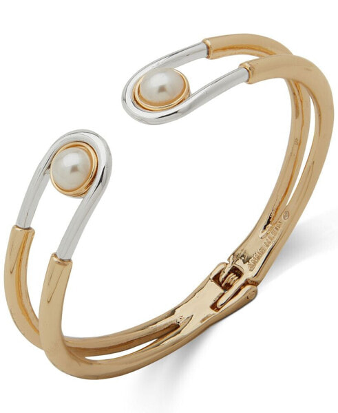 Two-Tone Imitation Pearl Open Spring Hinge Bangle Bracelet