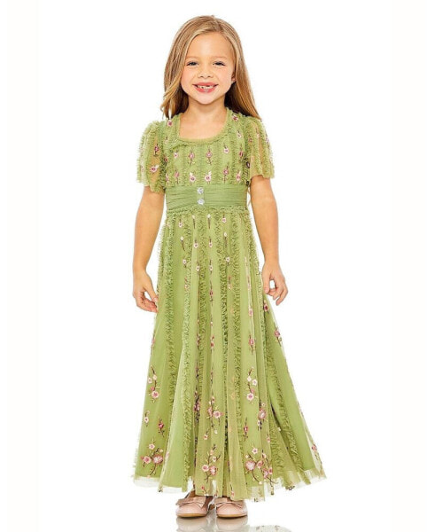 Big Girls Ruffle Flutter Sleeve Floral Long Dress