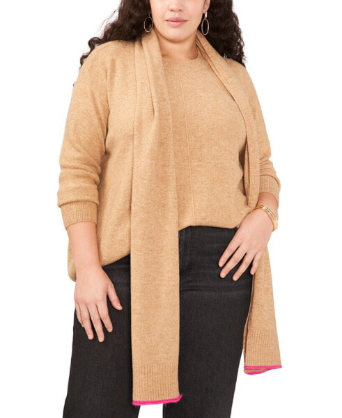 Trendy Plus Size Scarf and Crewneck Sweater Set