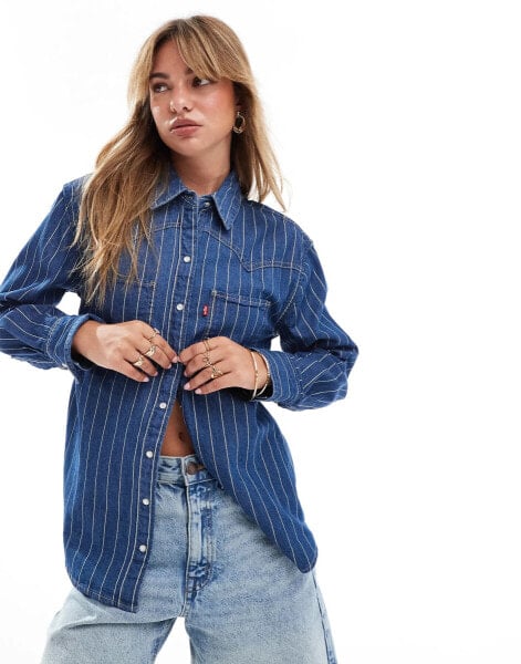 Levi's Teodora shine foil stripe western shirt in mid blue