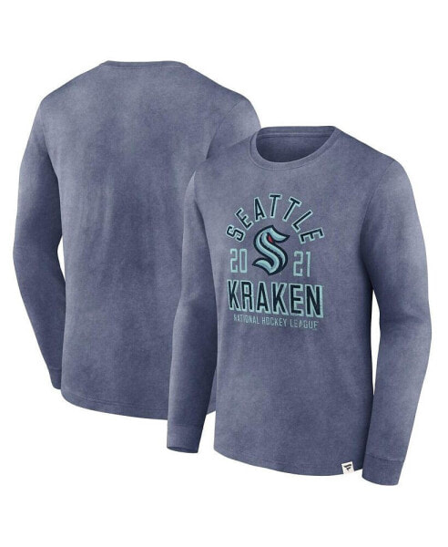 Men's Heather Deep Sea Blue Distressed Seattle Kraken Keep The Zone Long Sleeve T-shirt
