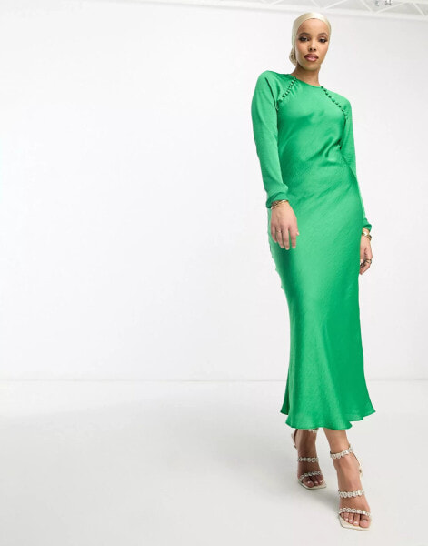 ASOS DESIGN satin biased maxi dress with button detail in bright green